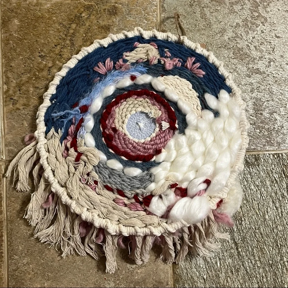 Bohemian Macrame Tassel Fringe Mixed Fiber Wall Ivory Tan Pink Blue Hanging Art
